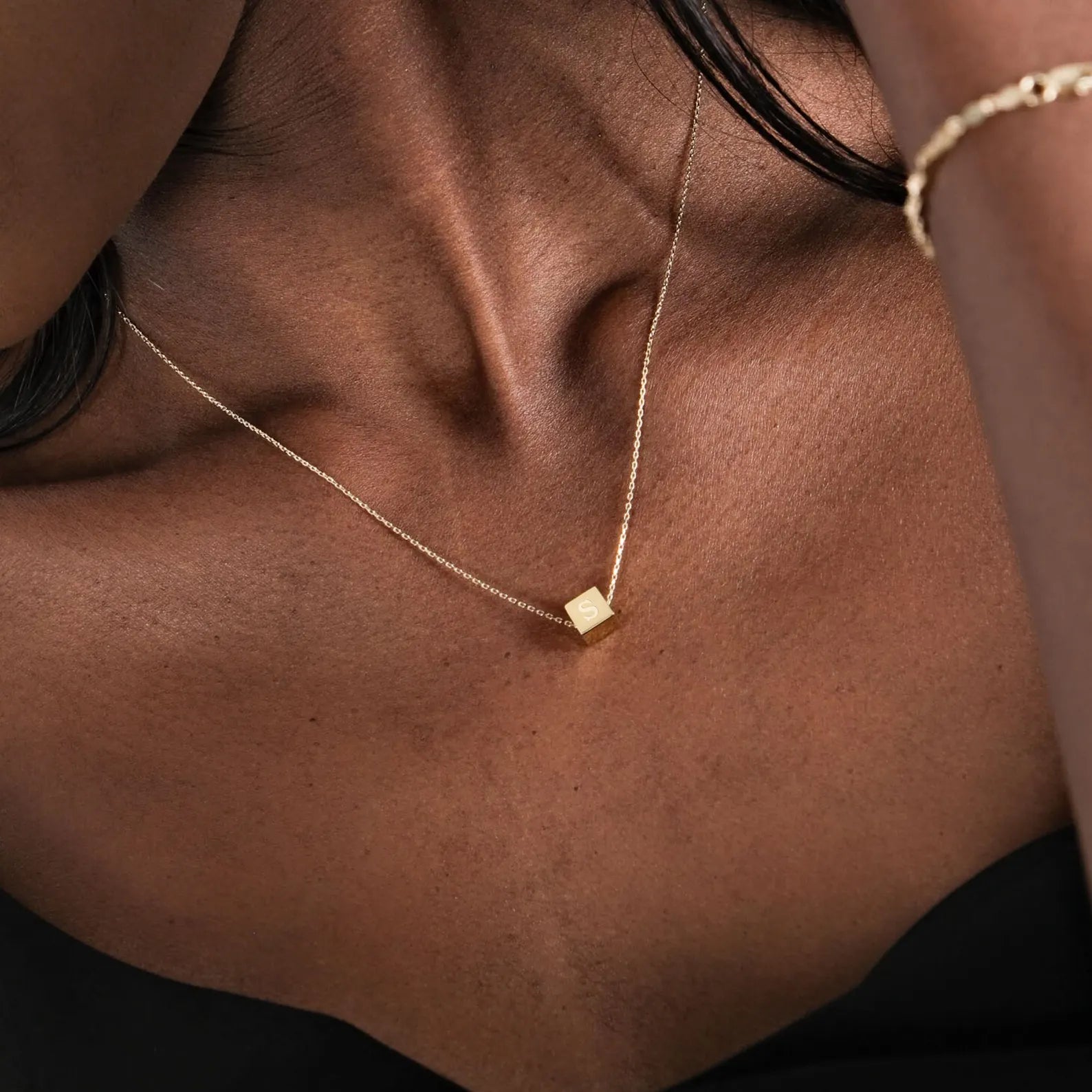 Cube Necklace 14K Solid Gold Initial